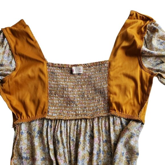 SO Cabin Fever Mustard Multi Floral Midi Dress Tiered Ruffle Hem Cottagecore M - Picture 7 of 16
